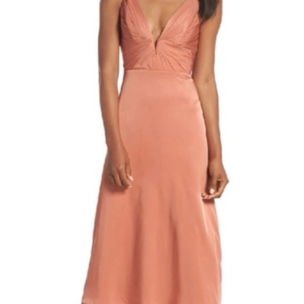 Satin V-Neck Midi Dress in Blush Coral